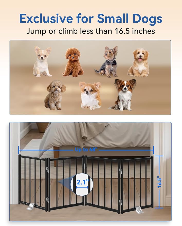 BFNN Small Dog Gate Indoor, Up to 48" W Freestanding Pet/Puppy Fence, Black | Flexible Space Control | Chewproof Steel Frame | 16.5" Step-Over Gate | Foldable | Drill-Free Setup | For Stairs & Doorways