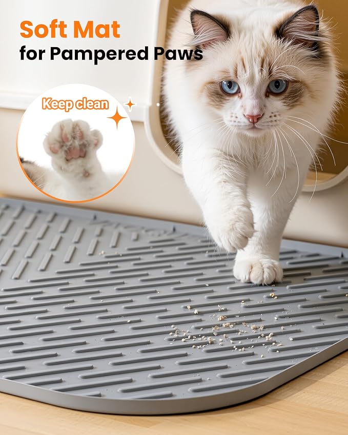 Cat Litter Mat, 47"x37" Extra Large Litter Box Mat, Silicone Mat, Gray | Waterproof Litter Trapping Mat for Scatter Control, Soft on Cat Paws Non-Slip Easy to Clean
