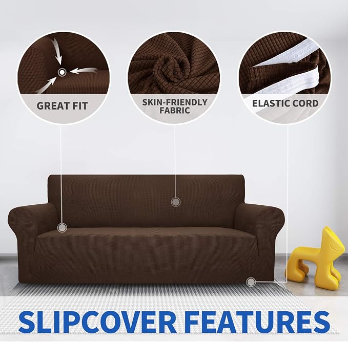 MAXIJIN Super Stretch Couch Cover for 3 Cushion Couch, 1-Piece Universal Sofa Covers Living Room Jacquard Spandex Furniture Protector Dogs Pet Friendly Fitted (Large, Coffee)