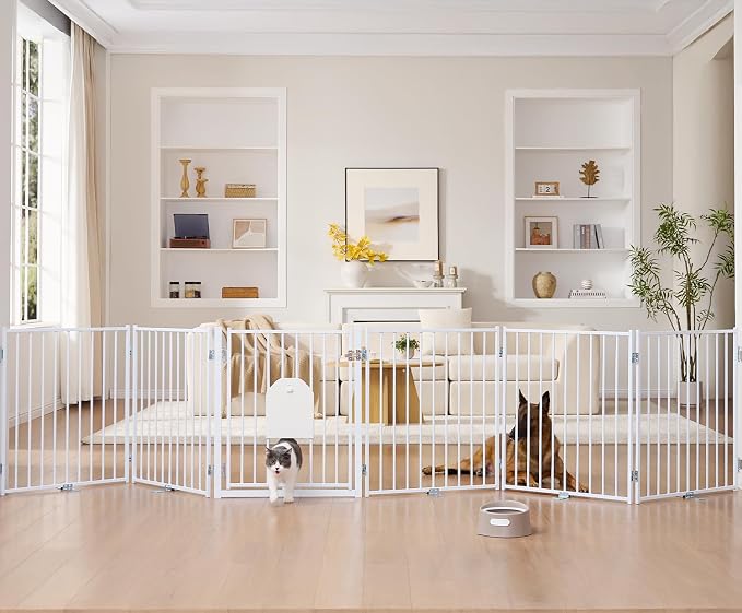 No Pawblems Full Metal Freestanding Dog Gate with Cat Door, 30" Tall | Foldable Pet Gate for Indoor/Outdoor, Zoned management, Dog Fence for Families with Multiple Pets, 156" Wide, 6 Panels, White