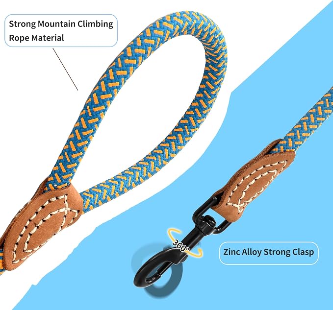Mile High Life Dog Leash with Genuine Leather Connection, 6 FT/5 FT/4 FT | Rope Leash, Heavy Duty 360° Swivel Metal Clasp, for Small Medium & Large Dogs (Peacock Blue, 72 Inch)
