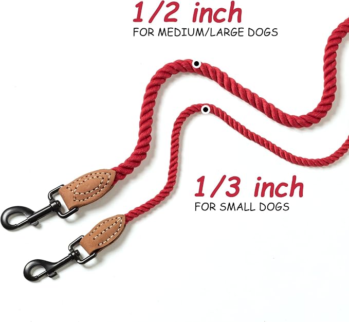 Mile High Life Dog Leash Braided Cotton Rope with Leather-Reinforced Ends | Rust-proof 360° swivel clasp, Heavy-duty for small/medium breeds. Great for weddings, daily walks (4 FT, 1/3", Red)