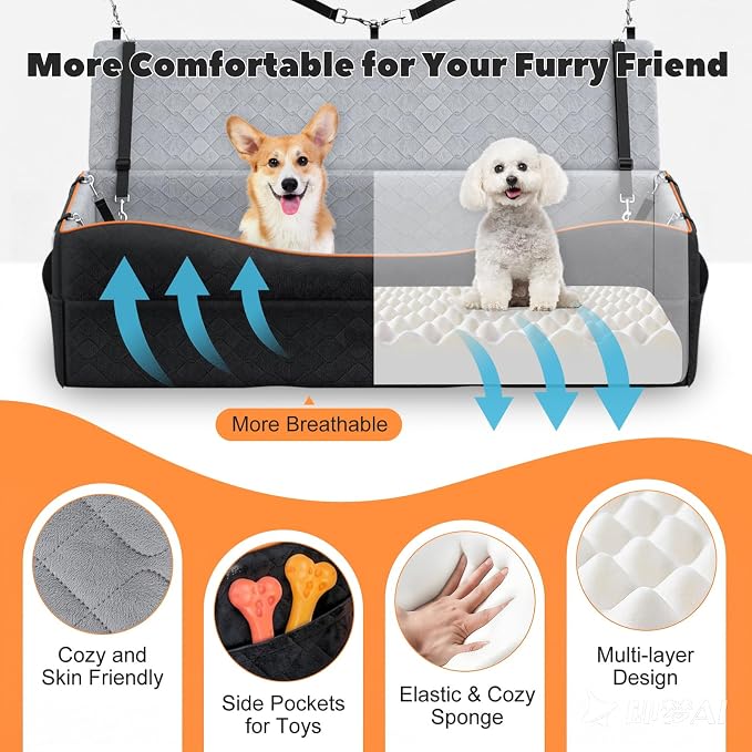 VavoPaw Car Seat for Large Dog for 2 Medium or 3 Small Dogs Under 100Lbs | Dog Booster Seats ,Pet Car Seats with 2 Safety Leashes, Dogs Sofa Bed Cushion Add Thick Sponge, Pet Cars Carrier for Travel