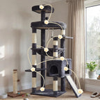 Heybly 64.2" Heavy-Duty Cat Tree for Large Cats with Wide Base HCT027G | Indoor Cat Tower with Scratching Posts & Board, Cat Furniture with Big Platforms, Extra-Large Hammock, Smoky Gray