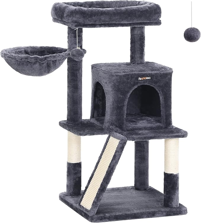 Feandrea Cat Tree, 37.8-Inch Cat Tower, Multi-Level Condo with Widened Perch, Scratching Posts and Ramp, 2-Door Cave, Hammock, Smoky Gray UPCT51G