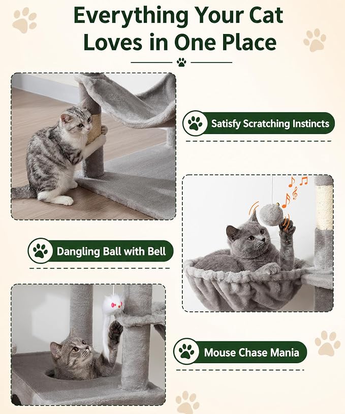 AMHANCIBLE 70 Inch Cat Tree for Large Cats, Multi-Level Cat Tower | Cat Houses & Tree Tower with 2 Condos, 8 Sisal Posts & Hammock for Indoor Cats Large Adult, Grey