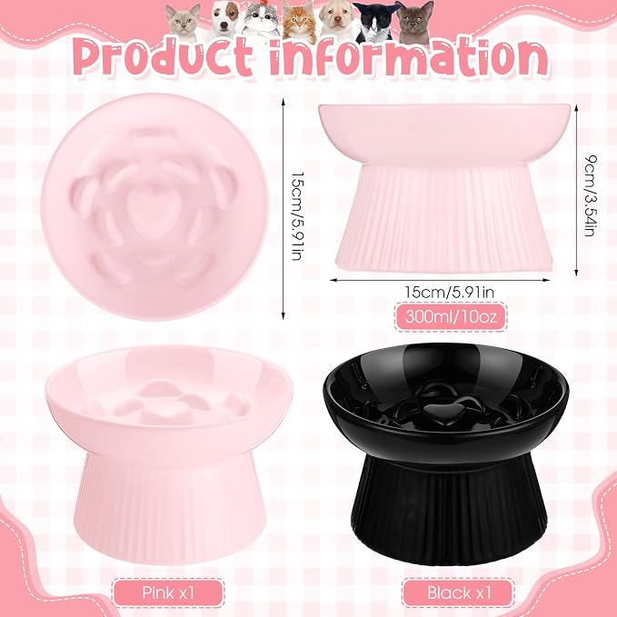 Tioncy 2 Pcs Ceramic Elevated Slow Feeder Cat Bowl, Raised Cat Slow Feeder Bowl, Anti Vomiting for Dry and Wet Food, No Spill High Edge Easy Clean Dishwasher Safe (Black,Pink)