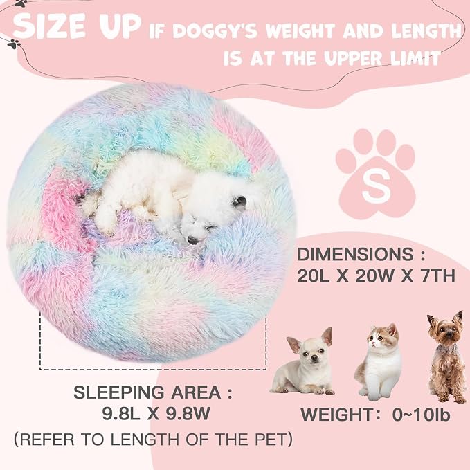 Himax Covered Small Dog Bed with Blanket Attached Calming Burrow Multicolor | 20in Dog Beds for Small Dogs, Anti-Anxiety Donut dog bed with cover, Washable Fluffy Pet& Cat Beds
