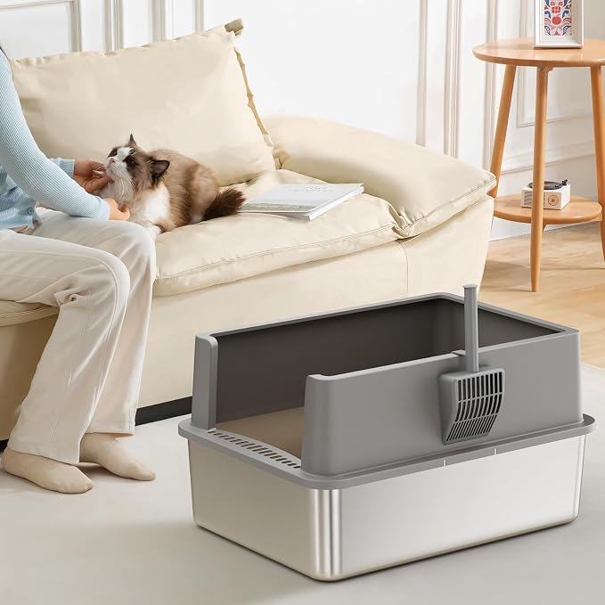 Jotesnew 2 Pack 28" Extra Large XXXL Stainless Steel Cat Litter Boxes with Lid Metal Cat Litterbox Pan for Big Cats and Multiple Cats, Anti-Leakage, Easy Cleaning, Include Scoop