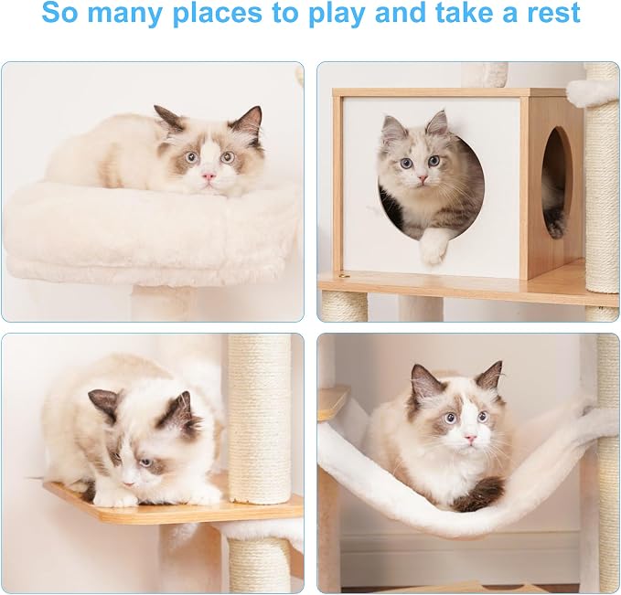 Hey-brother Wooden Cat Tree Tower with Hammock for Indoor Cats, MPJ120WB | 66.14 Inches Modern Scratching Post with Large Condo, Plush Top Platform, Cozy Basket, Bed, Hanging Toys, Walnut