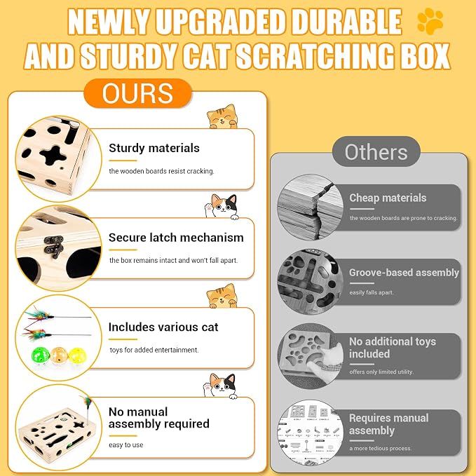 Large Cat Nail File Box, Sturdy Wood with 3 Small Balls & 2 Cat Teaser | Cat Scratch Puzzle Box with Sandpaper Inside Requires No Installation, Cat Puzzle Toys for Scratching & Interactive Play