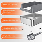 Stainless Steel Cat Litter Box Low Entry Litter Pan Include Scoop | Odor Free Metal High Sides Lid Open Top Easy Cleaning Anti-Scratc Anti-Urine Leakage Non-Sticky