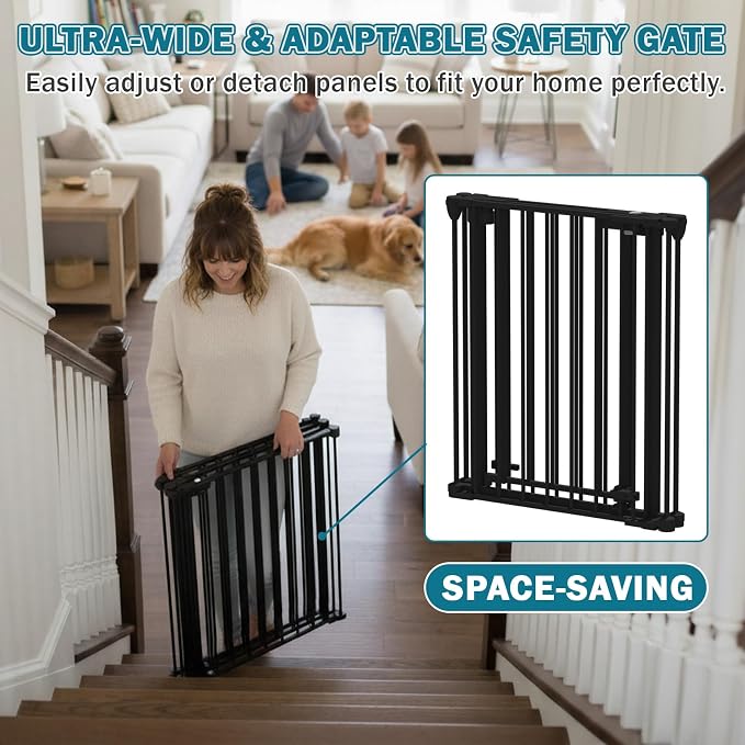 Mumeasy 80" Extra Wide Baby Gate for Doorways & Stairs, Dog Gate Indoor | Hardware Mounted Pet Gate, Auto Close Walk Thru Door, Large Child Safety Fence for Outdoor, Deck, Yard, 3 Metal Panels, Black
