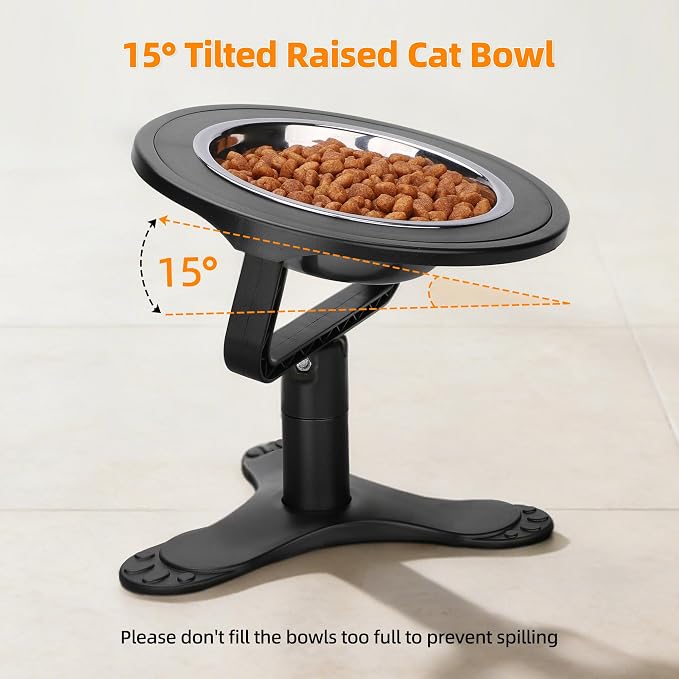 Raised Cat Bowls,Elevated Cat Bowls for Indoor Cats with Height-Adjustable Stand,Non-Slip Stainless Steel Cat Bowls,15° Tilted Cat Food Bowls (2 Pack)