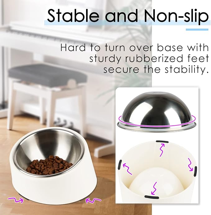 SuperDesign Mess Free 15° Slanted Bowl for Dogs and Cats, Tilted Angle Bulldog Bowl Dog Feeder, Non-Skid & Non-Spill, Easier to Reach Food S/0.5 Cup White