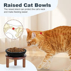 SPUNKYJUNKY Extra Wide Elevated Ceramic Cat Bowl with Acacia Wood Stand Whisker Friendly (Cat Paw Pattern, 2 Pack, Black)
