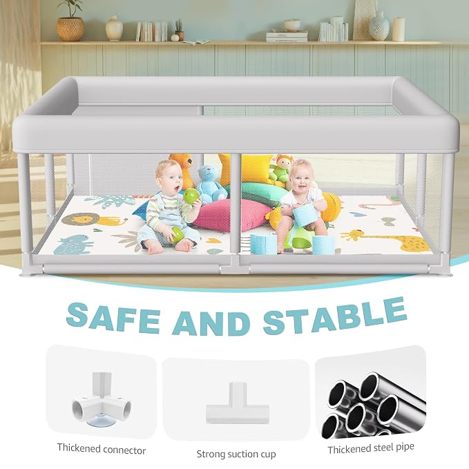Hiaksedt Baby Playpen with Mat 65 "x 50 ", PlayPen for Babies and Toddlers | Sturdy Safety Play Yard for Indoor & Outdoor with Zipper Gates