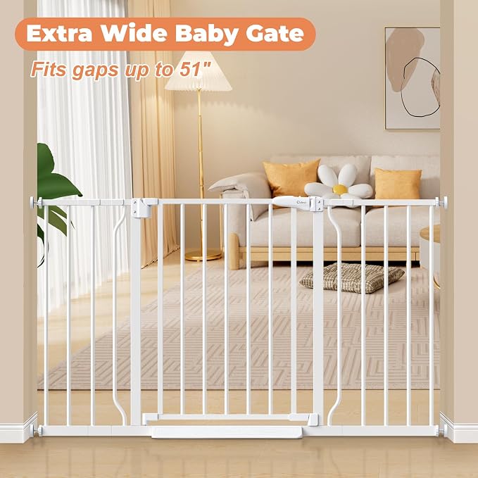 29"-51" Extra Wide Baby Gate, No Drilling Auto Close Dog Gate, White | Indoor for Doorways & Stairs, Pressure Mounted Adjustable Pet Gate, Easy Walk Through Gate for Baby & Pet Stroller Friendly