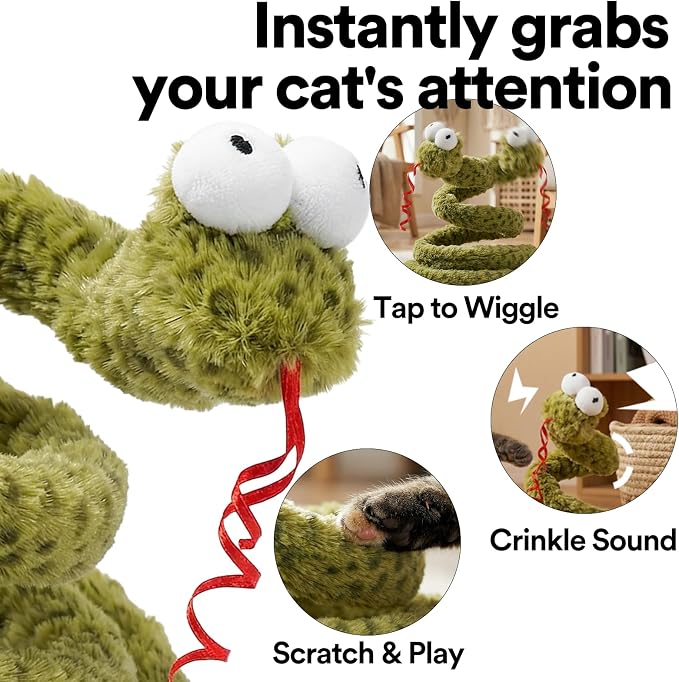 ZEZE Forest Snake Spring Interactive Cat Toy with Scratch Base, Bouncy Spiral Plush Teaser with Crinkle Sound & Ribbon, Self-Play Boredom Relief for Indoor Cats