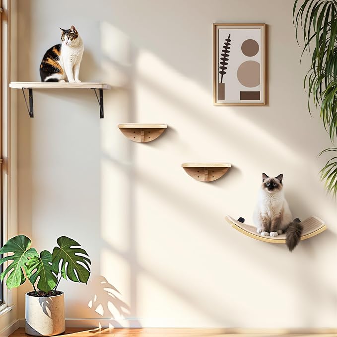 Cat Wall Shelves with Sisal Mat, Cat Wall Furniture Steps for All Breeds | Wooden Cat Wall Shelves with Sisal Mat, 2 Floating Wall Steps, Cat Wall Furniture Steps, Perfect for Climbing and Playing