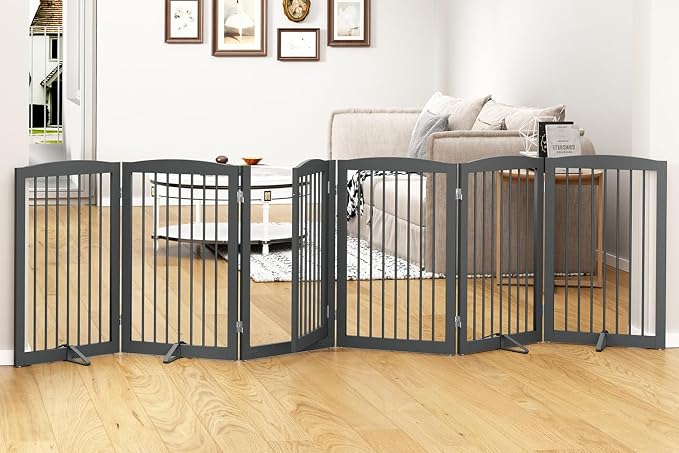 PUPETPO Freestanding Pet Gate with Door, Tall Dog Gate for House, Dog Gates for the House Extra Wide, Pet Puppy Safety Fence, Support Feet Included, 120 Inch Wide, 6 Panels 32" Tall, Gray