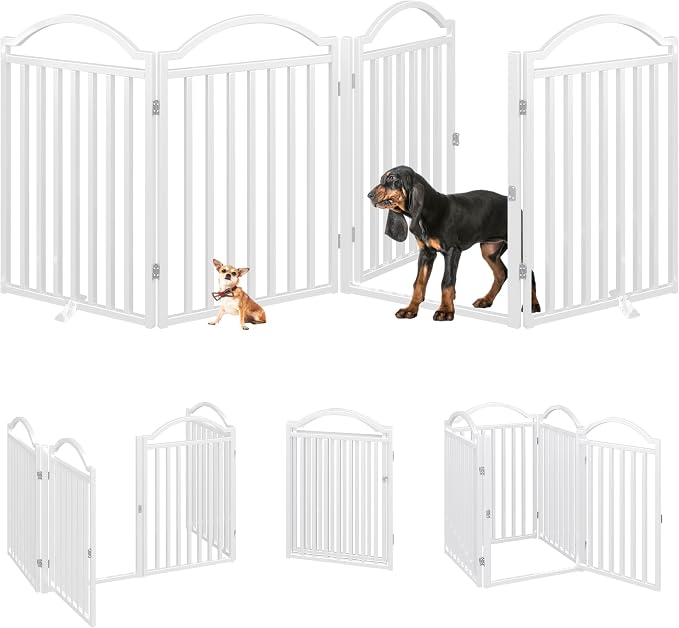 BHG Metal No-Assembly Freestanding Dog Gate with Door Walk Through, Extra Wide 96", Extra Tall 32" Pet Gate, Accordion Puppy Folding Playpen Dog Fence for Indoor & Outdoor, with 2PCS Support - White