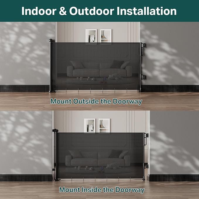Cumbor 37-55" Retractable Baby Gates for Stairs & Doorways, Indoor Outdoor | Hardware Mounted Mesh Dog & Pet Gate, Easy Walk Through, One-Hand Operation, Anti-Crawl Adjustable Safety Gate for Dog, Black