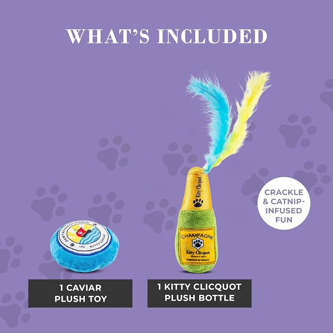 Haute Diggity Kitty Clicquot Bottle + Caviar Set, Soft Plush Cat Toys | 2 Pack Catnip Toys with Interactive Crackle & Feathers, Safe & Durable Cat Nip Kicker Toy for Outdoor & Indoor Cats & Kitten