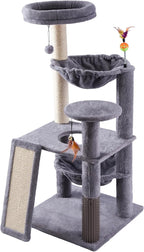 Multi-Level Cat Tree for Indoor Cats, Cat Tree Tower with Big Cat Hammock and Self-Grooming Brush, Cat Tower with Scratch Ladder, Indoor Climbing Activity Tower with Scratching Posts, Grey