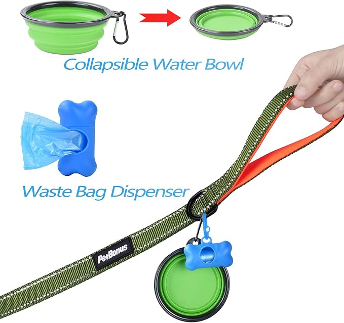 PetBonus Double Dog Leash, No Tangle Dual Leash, Walking Training Lead | 4 Comfortable Padded Handles, Adjustable, Reflective, For Two Large Medium Dogs, Collapsible Bowl and Waste Bags, Khaki Green