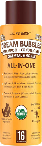 Petsmont Dream Bubbles Organic Shampoo + Conditioner for Dogs and Cats - Oatmeal Shampoo for Sensitive Skin, Anti Itch Conditioner 2 in 1 Dog Itch Relief - 16oz