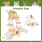 58 Inch Large Solid Wood Cat Tree, Tall Cat Tower for Indoor Cats, Cat Tree House with Double Tunnels, Sisal Scratching Posts, Washable Cushion, Hanging Balls, Natural