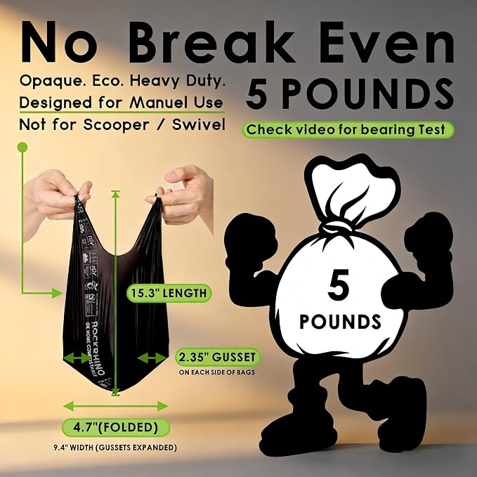 Ultra Thick RockRhino Dog Poop Bags, Multi-Layer Bottom, Opaque Odor-Proof | Easy Open Tie Handles | Certified Compostable Plastic Free | 120 Heavy Duty Bags, Mint Scent, Fits Holder, No Scooper Needed