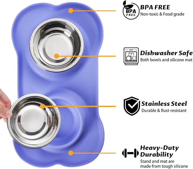 Hubulk Pet Dog Bowls 2 Stainless Steel Dog Bowl with No Spill Non-Skid Silicone Mat + Pet Food Scoop Water and Food Feeder Bowls for Feeding Small Medium Large Dogs Cats Puppies (Small, Purple)