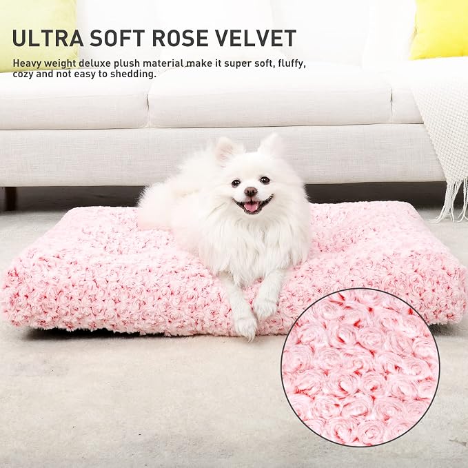 KSIIA Washable Dog Bed Deluxe Plush Dog Crate Beds Comfy Kennel Pad Anti-Slip Pet Sleeping Mat for Large, Jumbo, Medium, Small Dogs Breeds, 23" x 18", Pink