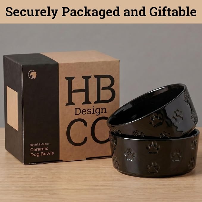 Ceramic Dog Bowl Set of 2 w/ Anti-Skid Base 6.5"W x 2.5"H, 3.8 Cup Capacity | Thick Ceramic, Dishwasher Safe, Anti-Skid Rubber Base, 3.8 Cups per Bowl, Ceramic Food & Water Bowls Set of 2 for Medium Dogs