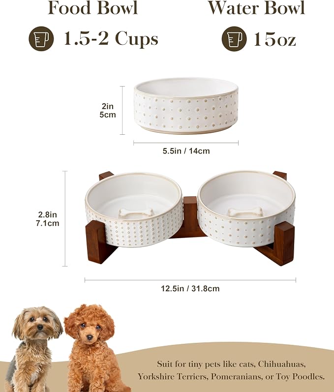 MALACASA Dog Bowl Set, Ceramic Bowls with Walnut Wood Stand, 1.5 Cups | Rhombic and polka dot design, non-slip base, for cats and dogs, about 26% heavier than similar ceramic bowls