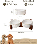MALACASA Dog Bowl Set, Ceramic Bowls with Walnut Wood Stand, 1.5 Cups | Rhombic and polka dot design, non-slip base, for cats and dogs, about 26% heavier than similar ceramic bowls