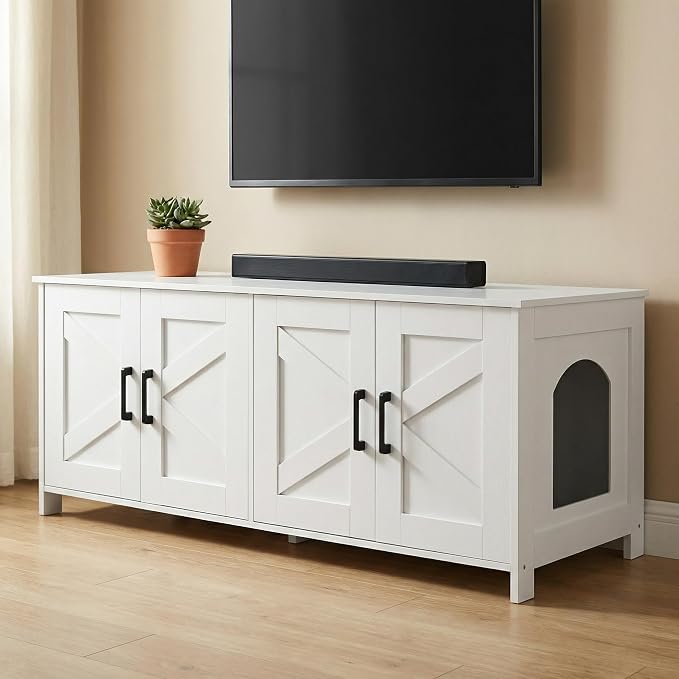 Homhedy 47.2”L Cat Litter Box Enclosure for 2 Cats, White | Wooden Litter Box Furniture Hidden with Double Room, Cat Washroom, Cat House, Dog-Proof, TV Stand,Farmhouse Style