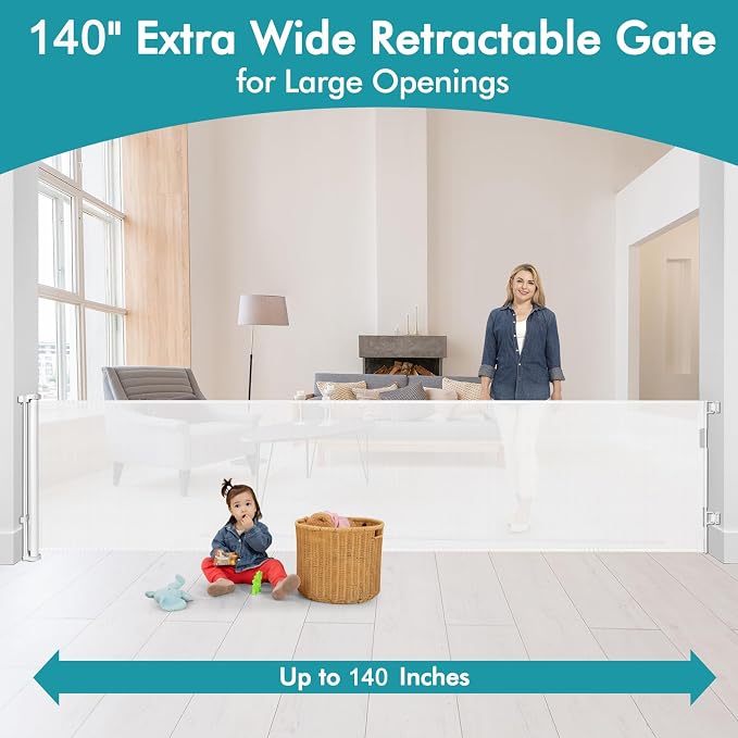 140" Extra Wide Baby Gates for Dogs Indoor Outdoor Retractable Gate, White | Indoor/Outdoor Retractable Pet Gate Extra Long Baby Gate, Space-Saving, Easy to Use, Safety Lock, Durable Mesh, Easy Install