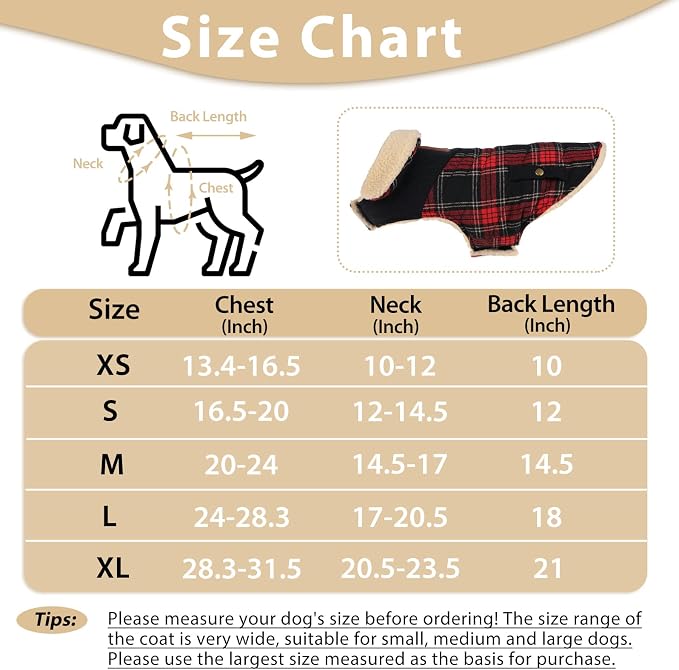 Winter Coat for Small and Medium Dogs, Puppy Plaid Jacket, Warm Coat for Cold Weather, Windproof Warm Dog Garments, Pet Thickened Outfits Indoor Outdoor, Red M