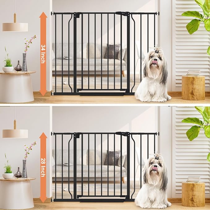 34" Tall Baby Gate No Drilling, Auto Close Dog Gate Indoor, Black | for Doorways & Stairs, Pressure Mounted 29"-45" Wide Pet Gate, Easy Walk Through Stair Gate for Baby & Pet Stroller Friendly