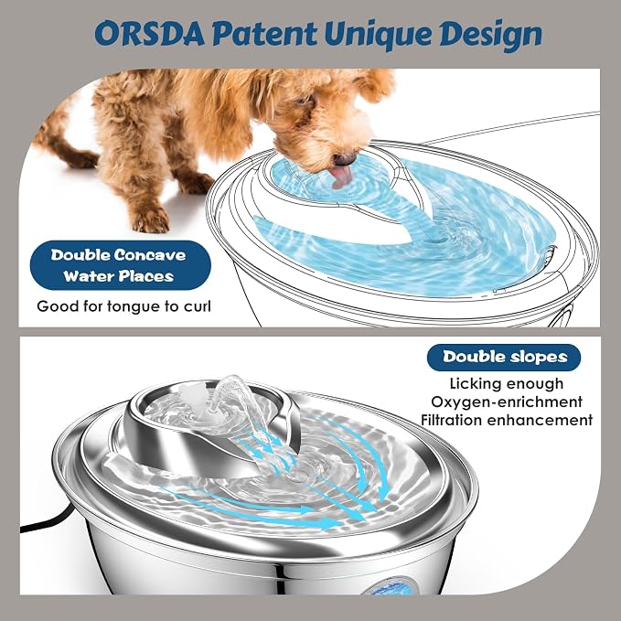 ORSDA Stainless Steel Cat Water Fountain, Automatic Pet Drinking Fountain, 100oz/3L Dog Water Dispenser with LED Water Level Window- 6 Filters +3 Pump Sponges (D66)