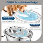 ORSDA Stainless Steel Cat Water Fountain, Automatic Pet Drinking Fountain, 100oz/3L Dog Water Dispenser with LED Water Level Window- 6 Filters +3 Pump Sponges (D66)
