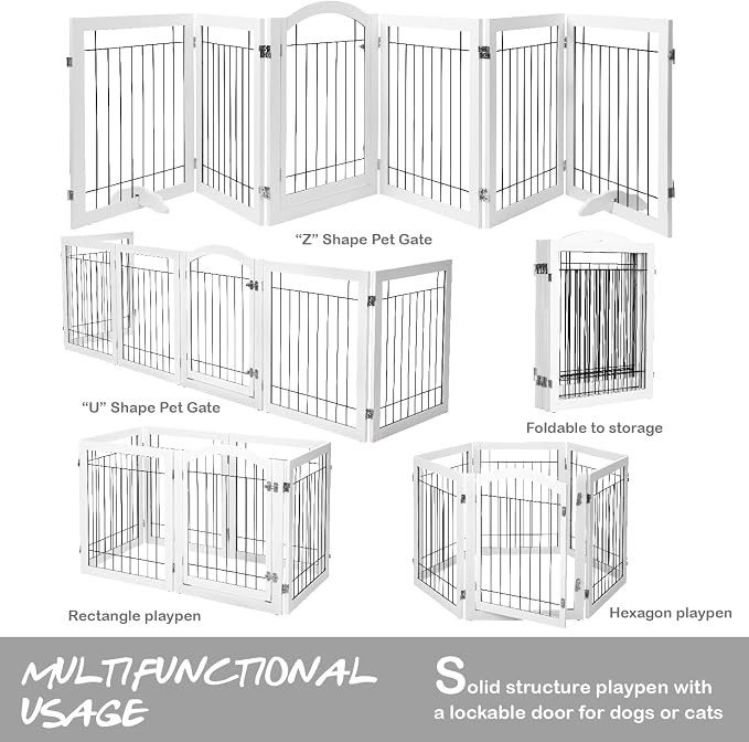 PAWLAND 144-inch Extra Wide 30-inches Tall Dog gate with Door Walk Through, Freestanding Wire Pet Gate for The House, Doorway, Stairs, Pet Puppy Safety Fence, Support Feet Included, White,6 Panels