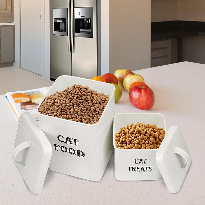Morezi Farmhouse Cat Food Storage Container with Lid and Scoop, Pet Food Treats Holder, Sturdy Canister Tins for Kitchen Countertop, Shelf, Great Gift for Pet Owners, 5 lbs
