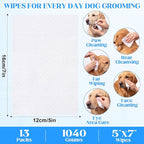 Irenare 13 Pack / 1040 Count Pet Wipes for Paws Butt, 5 x 7 in for Travel | Puppy Dog Cats Wipes Bulk, Cleaning Deodorizing, No-rinse, Fragrance Alcohol Free, Bathing Grooming for Face Eye Ear