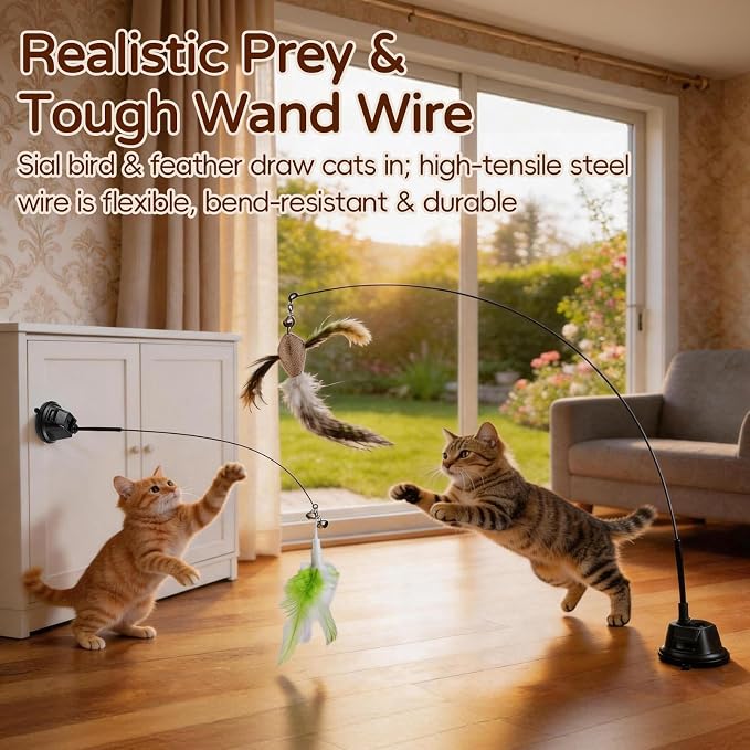 Interactive Cat Toys for Indoor Cats, Feather Wand | Flying Bird Cat Toy with 360° Movement, Enrichment Cat Teaser with 6.5cm Suction Cup, Self-Play Cat Toy for Bored Cats