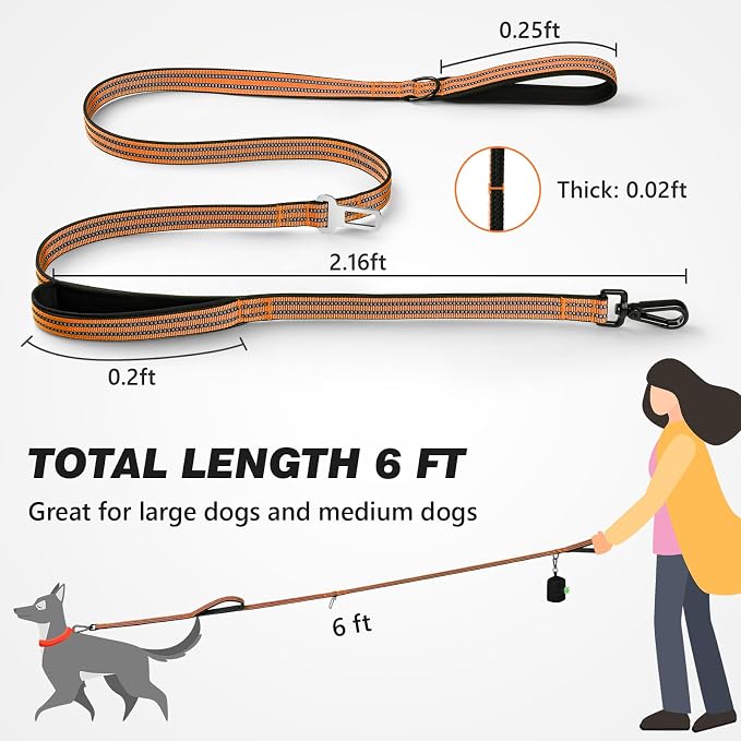 Double Handle Dog Leash with Poop Bag Holder and Car Seat Belt Buckle | Heavy Duty | Double Handle | with Poop Bag Holder | with Car Seat Belt Buckle | Reflective | Lightweight