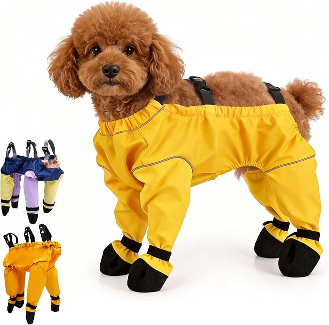 Dog Suspender Booties, Dog Rain Boots with Suspender, Breathable Waterproof Pets Boots, Adjustable Dogs Paws Boot Rain Shoes Leggings for Snow and Rain Days Small to Medium Dogs (Yellow, L)